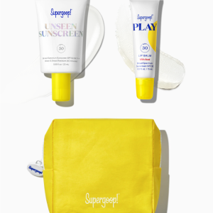Supergoop! On The Go SPF Travel Kit - Unseen Sunscreen SPF 30/50 + PLAY Lip Balm SPF 30, TSA-Friendly Travel Set with Carry Bag